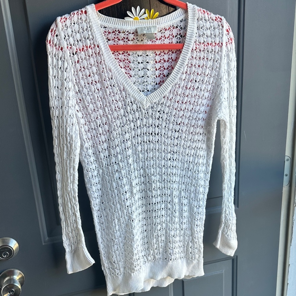 Loft White V-Neck Knit Sweater